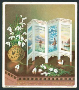 Snowdrops e tela na mesa, cartão de Natal de English School