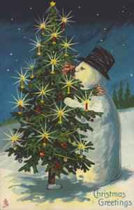 Beijos de boneco de neve e de árvore de Natal (chromolitho) de English School