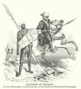Soldados de Bornou, Lanceiro de Kanem e Cavaleiro da Guarda-costas do Xeque de Bornou (gravura) de English School
