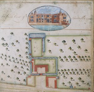 Vista sul do Kentwell Hall, do levantamento da propriedade de Richard Moore, Esq. Kentwell Hall, Suffolk, 1777 (caneta e tinta e guache sobre papel) de English School