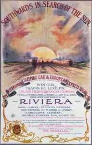 Southwards to the Sun, cartaz publicitário dos serviços da International Sleeping Car Train Company para a Riviera Francesa, c.1910