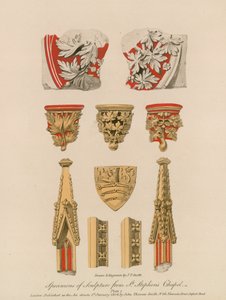 Espécimes de escultura da Capela de Santo Estêvão (gravura colorida) de English School