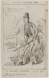 Sporting Gallery No.2, A Regler, Artful Cove at a Old Crow, c.1825 (caneta e tinta sobre papel) de English School