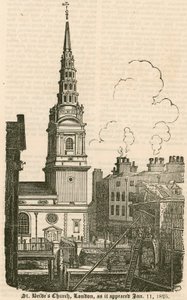 St Brides Church, Fleet Street, Londres, como apareceu 11 de janeiro de 1825 de English School