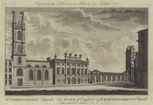 Igreja de São Cristóvão, Banco de Inglaterra e Igreja de São Bartolomeu, Rua Threadneedle (gravura) de English School