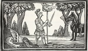 St George com a cabeça dos dragões, ilustração dos Chapu-livros do século XVIII por John Ashton, bar. 1882 de English School