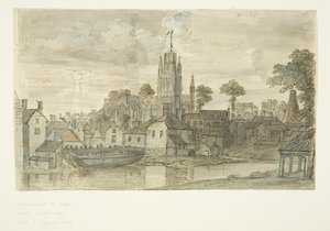 Igreja St Mary Redcliffe de Redcliffe Back (com caneta e desenho a tinta de leão no verso) (lápis e aguarela no papel) de English School