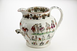Jarro de Staffordshire decorado com figuras de Arlequim e tema de carnaval, 1866 (china ironstone)