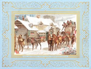 Stagecoach e cavalos fora do bar, cartão de Natal de English School