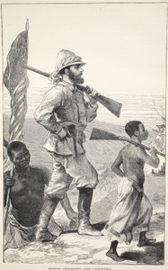 Stanley que aproxima o lago Tanganyika, ilustração da edição pictórica da vida e das descobertas de David Livingstone por J. Ewing Richie, bar. por A. Fullarton & Co., 1876 de English School