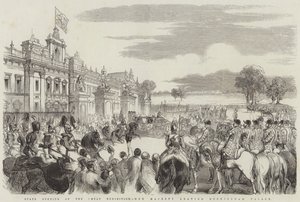 Abertura Estatal da Grande Exposição, Sua Majestade saindo do Palácio de Buckingham (gravura) de English School