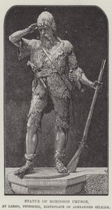 Estátua de Robinson Crusoe, em Largo, Fifeshire, Berço de Alexander Selkirk (gravura) de English School