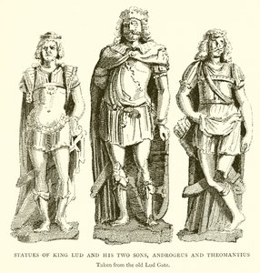 Estátuas do rei Lud e seus dois filhos, Androgeus e Theomantius de English School
