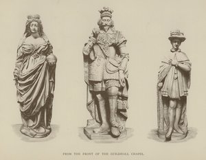 Estátuas da Rainha Elizabeth I, Rei Carlos I e Rei Eduardo VI da frente da Capela de Guildhall, Cidade de Londres de English School