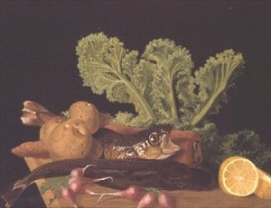 Natureza morta de legumes e peixes de English School