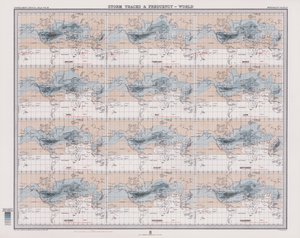 Trajectos e frequência das tempestades, mundo (litografia a cores) de English School