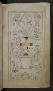 Stowe 944 f.6 King Cnut and his Queen, Aelfgyfu, apresentando uma cruz sobre o altar do Novo Ministro, 