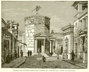 Rua em Atenas, mostrando a Torre dos Ventos de English School