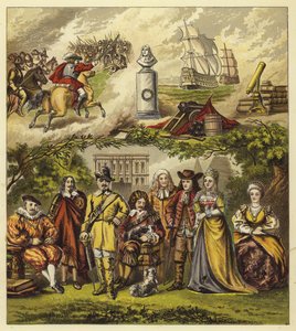 Stuarts, Commonwealth e House of Orange; Rei Jaime I, Rei Carlos I, Oliver Cromwell, Rei Carlos II, Rei Jaime II, Guilherme e Maria, Rainha Ana de English School