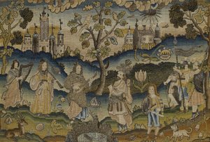 Stumpwork com cena de cinco músicos no jardim com árvore, meados do século XVII (tecido) de English School