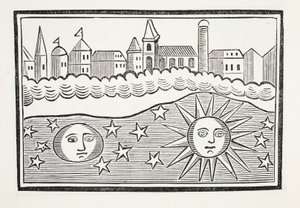 Sun, lua, estrelas e terra transporam, ilustração dos Chapu-livros do século XVIII por John Ashton, bar. 1882 de English School