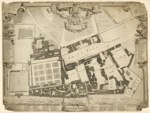 Levantamento e terreno do Palácio Real de Whitehall, 1680, com os alojamentos e apartamentos pertencentes a suas Majestades de English School
