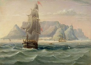 Montanha da Mesa, Cidade do Cabo, do Mar, 1820 (óleo no cartão)