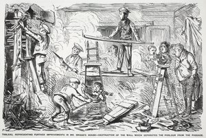 Tableau, representando novas melhorias para a casa de Mr. Briggss - destruição do muro que separa a sala da passagem, ilustração de Punch de English School