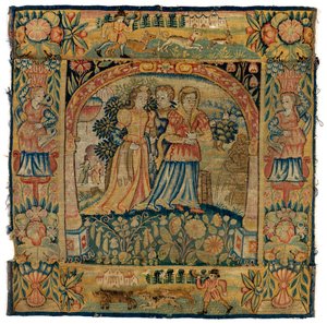 Capa de almofada em tapeçaria representando Susannah a caminho do banho, fabricada em Sheldon, Inglaterra, depois de 1600 (lã) de English School