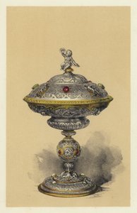 Tazza, com tampa, em prata cravejada de jóias (cromolitho) de English School