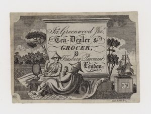 Negociante de chá e merceeiro, James Greenwood, cartão de comércio de English School