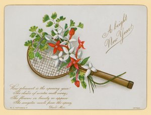 Raquete de tênis e flores, cartão de ano novo de English School