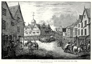 Praça do mercado de Tetbury, com a antiga casa do mercado (atualmente destruída), construída em 1655 d.C. (gravura) de English School