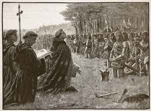 Ação de Graças do Exército Inglês após a Batalha de Agincourt, 25 de outubro de 1415, ilustração da História Ilustrada de Cassells da Inglaterra (foto sépia) de English School