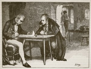 Os agentes da Grã-Bretanha e da Suécia, assinando o tratado contra Napoleão, ilustração da história ilustrada de Cassells da Inglaterra (foto sépia) de English School