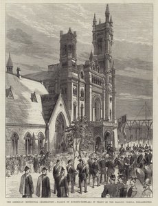 Celebração do Centenário Americano, Desfile de Cavaleiros-Templários em Frente ao Templo Maçónico, Filadélfia (gravura) de English School