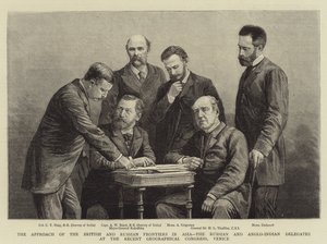 A abordagem das fronteiras britânica e russa na Ásia, os delegados russos e anglo-indígenas no Congresso Geográfico Recente, Veneza (gravura) de English School