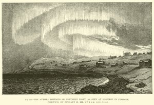 Aurora Boreal ou Northern Light, como visto em Bossekop em Finmark (Noruega), em 21 de janeiro de 1839, às 18h. de English School
