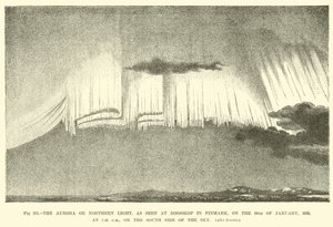 A Aurora ou a Luz do Norte, vista em Bossokop em Finmark, em 19 de janeiro de 1839, às 19h40, no lado sul do céu. de English School
