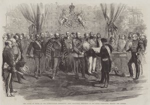 A entrega dos prémios na Exposição Internacional, Earl Granville, Presidente da Comissão Real, lendo o discurso (gravação) de English School