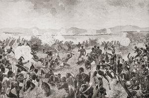 A Batalha de Ulundi em 1879 mostrando a corrida final dos Zulus e a praça britânica ao longe, de "South Africa and the Transvaal War: Vol. 1" de Louis Creswicke, publicado em 1900 (litografia) de English School