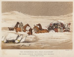 O correio de Birmingham, perto de Aylesbury, o guarda W Price, procedendo com as malas (cor litho) de English School