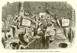 Os meninos de Boston jogando o chá taxado no porto de Boston