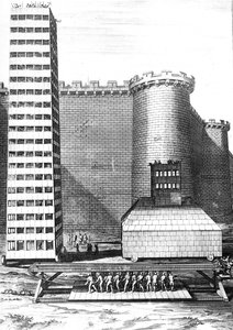 A Torre de Tijolo e Musculus no cerco de Marselha, gravado por Cornelis Huyberts, ilustração de Caesars Comentários traduzidos para o inglês por William Duncan, publicado 1753 de English School