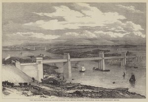 A Ponte Tubular Britannia através do Estreito de Menai (gravura) de English School