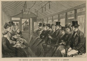 O Brixton e Kennington Tramway - interior de uma carruagem de English School