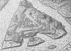 "O edifício de Fort Caroline", de "A história narrativa e crítica da América", editado por Justin Winsor, Londres, 1886 de English School