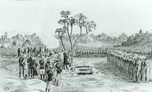 O enterro do general Earle e coronéis Eyre e Coveney em Kirbekan, da campanha das cataratas pelo general William Francis Butler, publicado em 1887 de English School