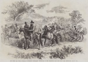 The Burke and Wills Australian Exploring Expedition, Saída da Expedição do Royal Park, Melbourne, 20 de Agosto de 1860 (gravura) de English School