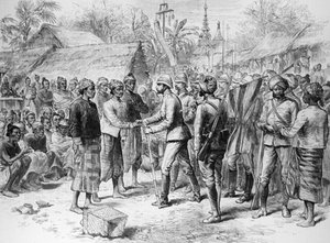 A Expedição de Burmah: Entrevista do General Prendergast com os Oficiais e Remanescentes do Exército Birmanês, de &39;The Illustrated London News&39;, 3 de junho de 1886 (gravura) de English School